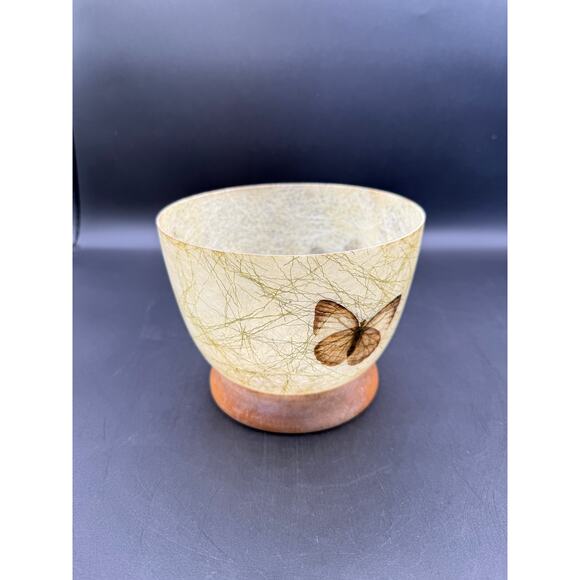 Vintage MCM BOHO Fiberglass Decorative Bowl on Wood Base wButterflies - Picture 8 of 8